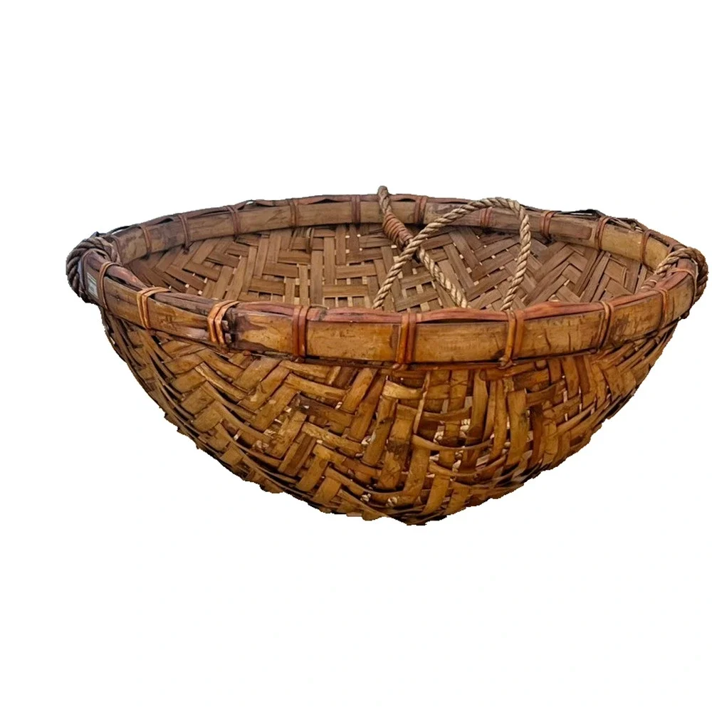 Large Vintage Hanging Basket Bowl Hand Woven Rattan Brown